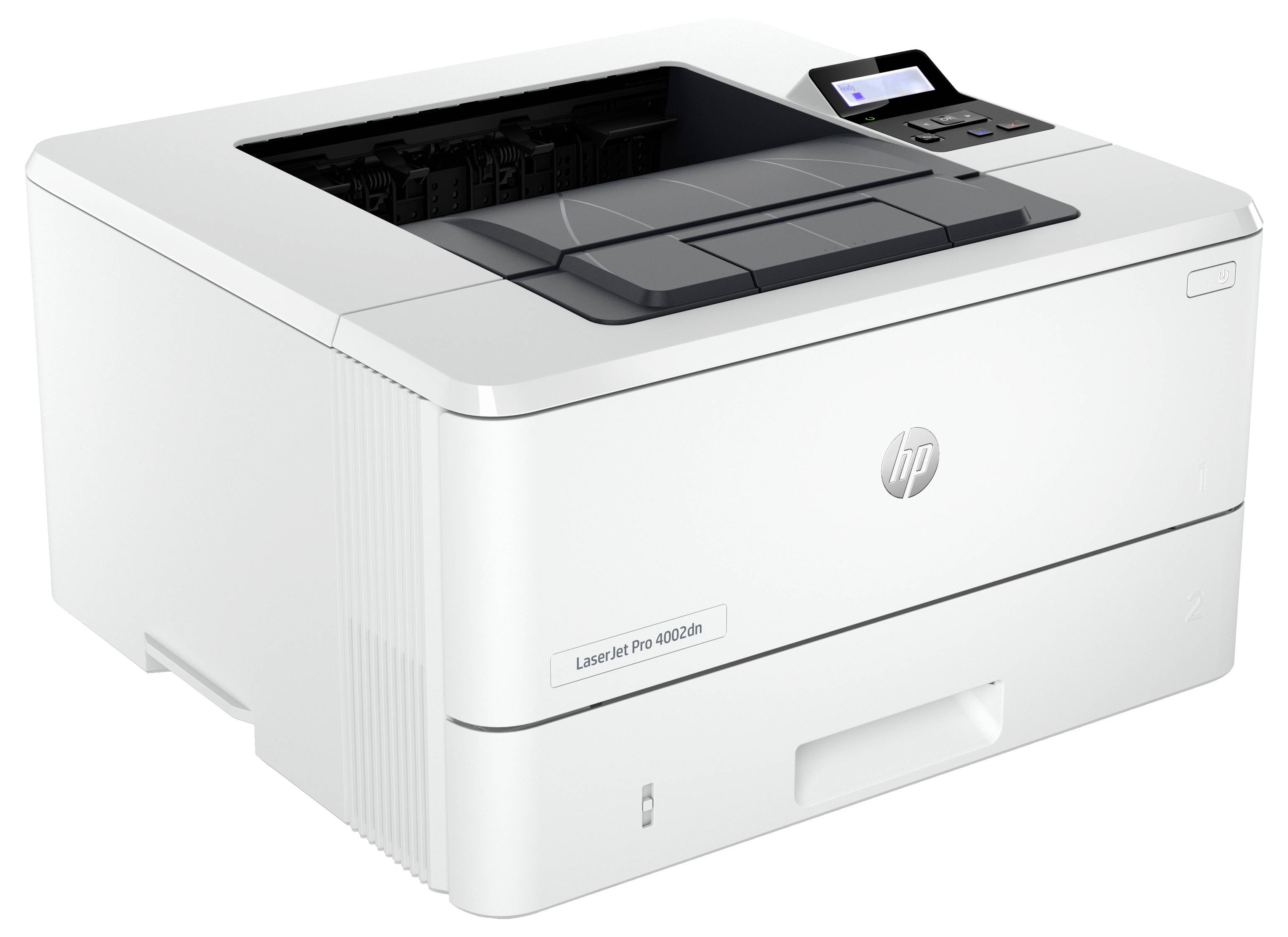 Biela tlačiareň HP LaserJet Pro 4002dn na pracovný stôl s laserovou technológiou, hornou podávačom papiera a malým ovládacím panelom