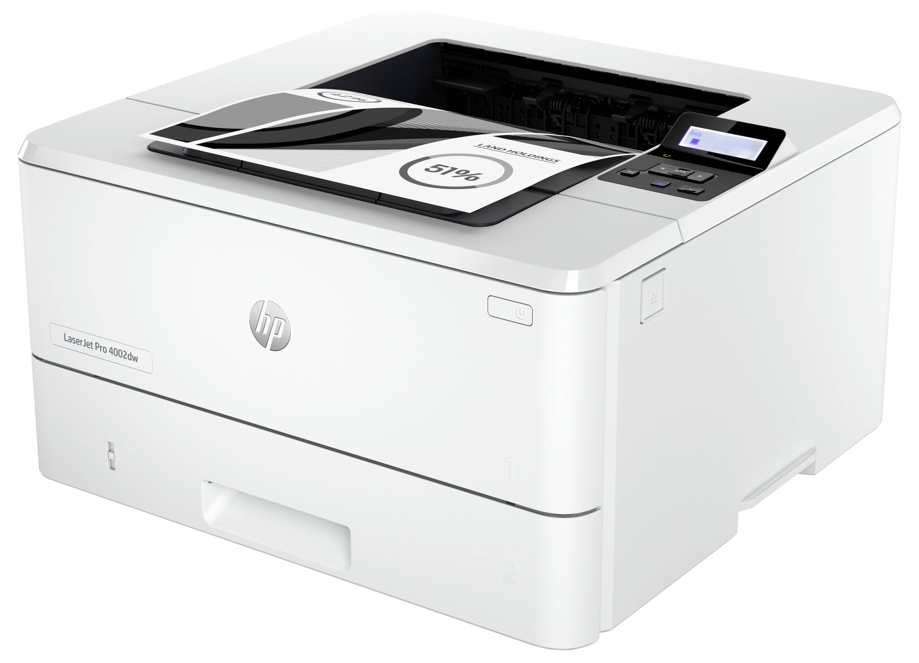 Biela tlačiareň HP LaserJet s podnosom na papier a malým ovládacím displejom na vrchu.