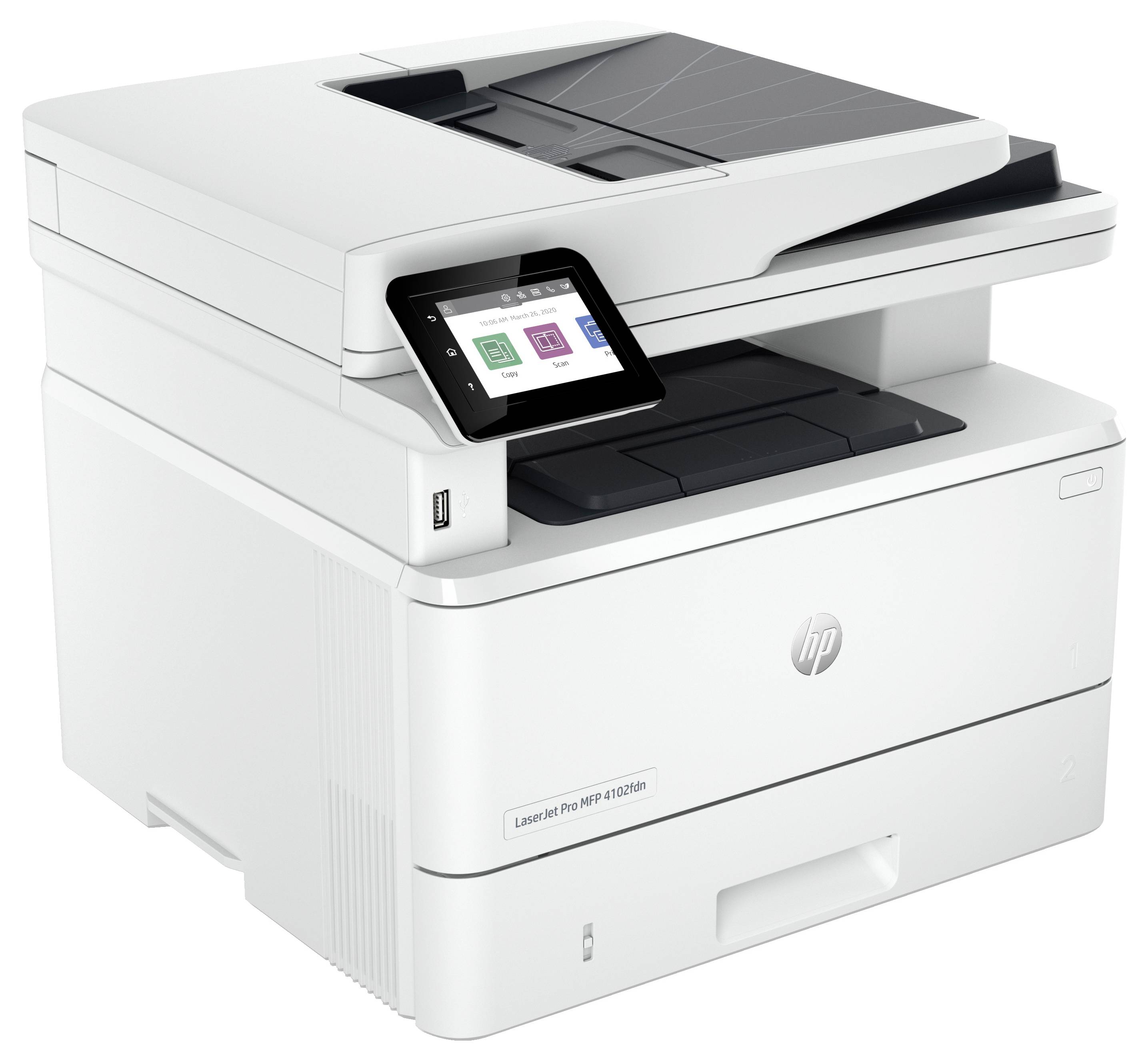 Biela tlačiareň HP LaserJet Pro MFP s dotykovým ovládacím panelom a zásobníkom papiera, zobrazená na jednoduchom pozadí.