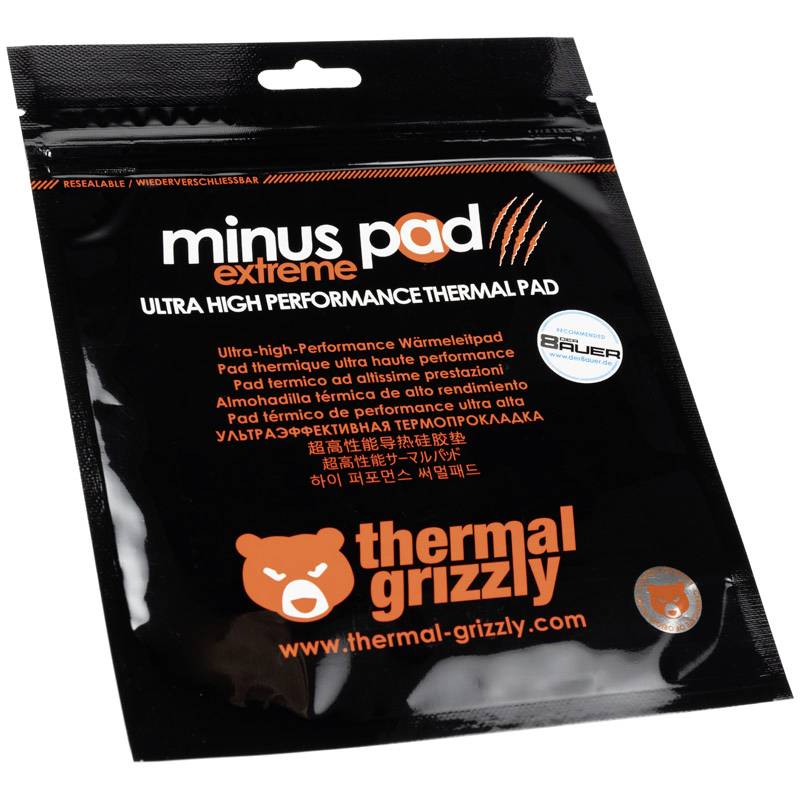 Obal 'Minus Pad Extreme' od spoločnosti Thermal Grizzly, vysoko výkonná tepelne vodivá podložka pre technické aplikácie.
