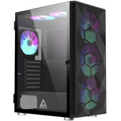 Čierna PC skrinka so skleným bočným panelom, osvetlená farebnými LED ventilátormi.