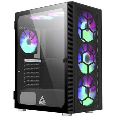 Herný počítačový kryt s viacerými RGB ventilátormi na prednej a hornej strane; priehľadný kryt odhaľuje vnútorný priestor počítača.