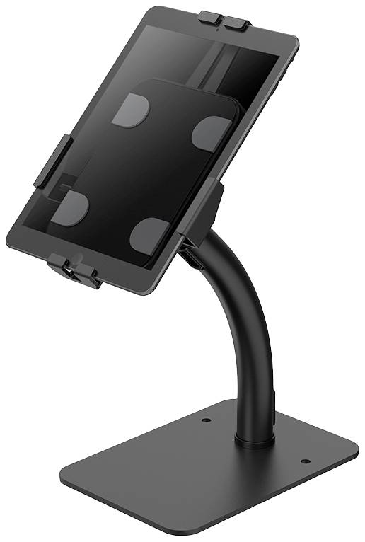 Stojanový držiak pre tablet. Čierny, odolný, nastaviteľný, vhodný na upevnenie na stôl. Ideálny pre prezentácie alebo prácu bez potreby pridržiavania.
