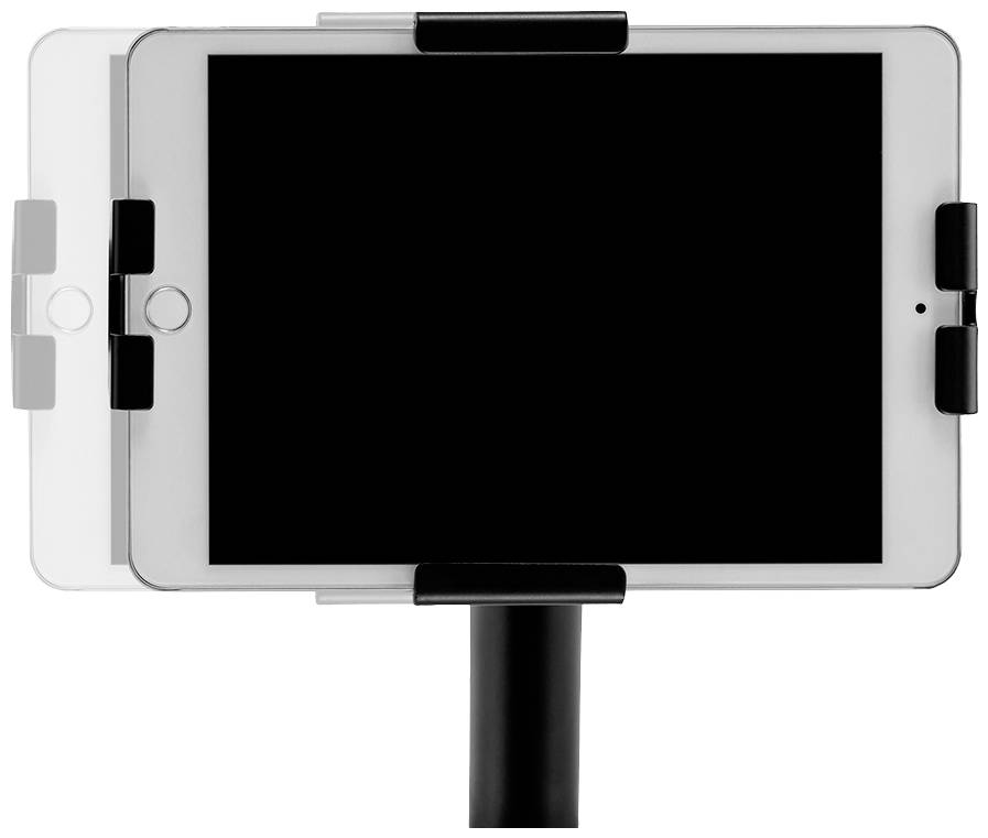 Tablet je upevnený v držiaku, ktorý umožňuje horizontálnu aj vertikálnu orientáciu. Pozadie biele.