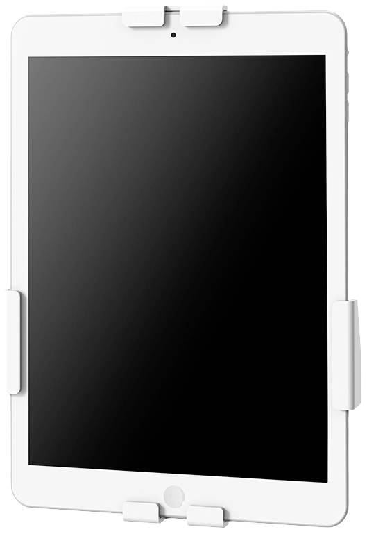 Tablet v bielom držiaku. Obrazovka je čierna. Držiak má svorky hore, dole a po stranách.