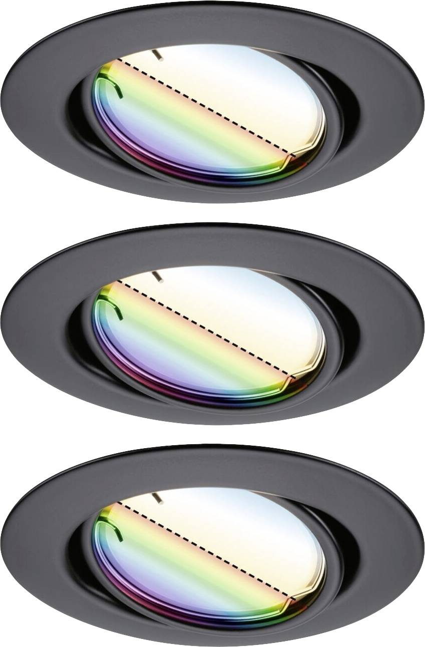 Tri okrúhle, čierne svetlomety s priehľadnými šošovkami, ktoré lámajú dúhové farby, na bielom pozadí.