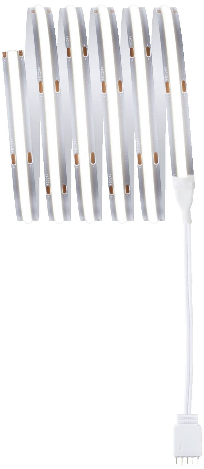 Biela LED svetelná lišta stočená do pravidelných slučiek, zakončená štvorpolovým konektorom.