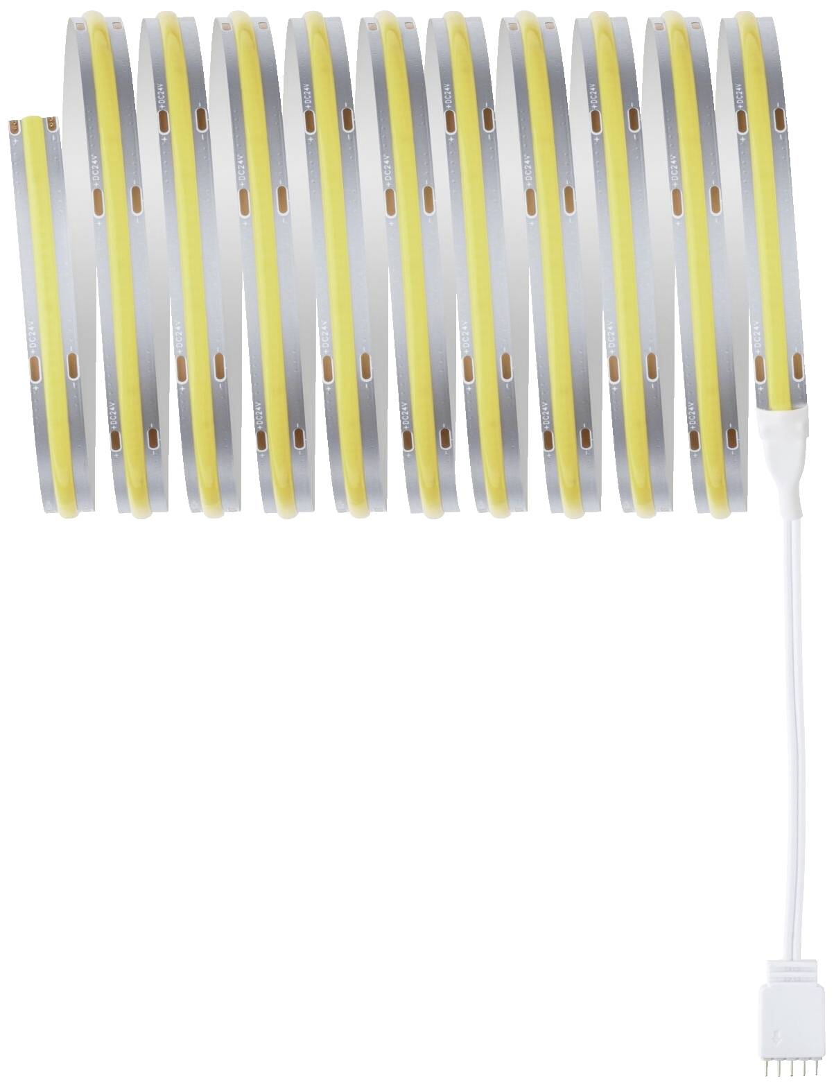 Naskrukaný LED pásik so žltými a bielymi pruhmi a bielou zástrčkou na konci.