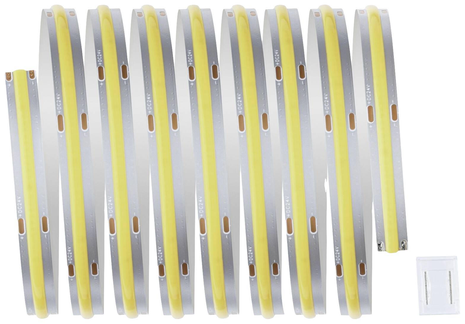 LED svetelné pásy usporiadané v radoch, so žltými pruhmi na striebornom pozadí. Priložená malá biela škatuľka v pravom dolnom rohu.
