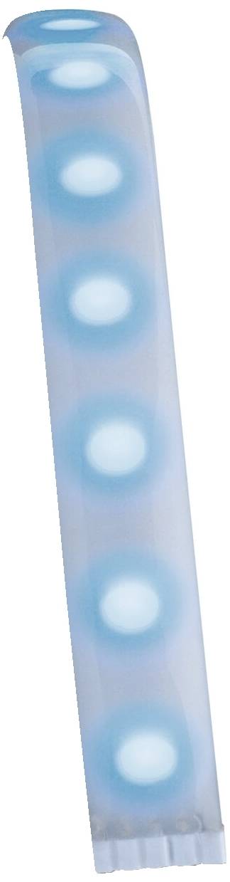 Šesťuholníková, protiahlá, modrá lampa s piatimi svietiacimi bodmi v zvislom rade na bielom pozadí.