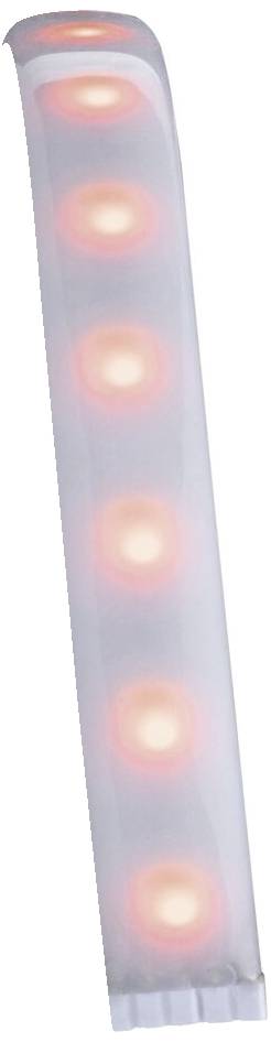 Šesť červených svetiel v zvislom rade na úzkom bielom pozadí, pravdepodobne svetelná lišta alebo dekoratívne osvetlenie.