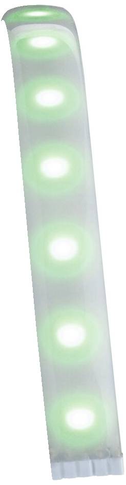 Priehľadný pruh s piatimi rovnomerne rozmiestnenými žiarivými zelenými svetlami na bielom pozadí.