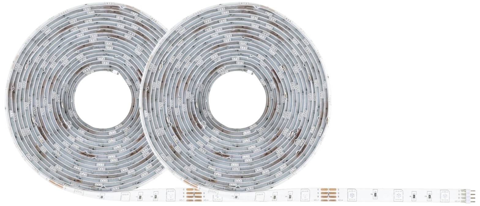 Dva stočené LED svetelné pásy vedľa seba, každý s niekoľkými svetelodnými diódami na flexibilnej lište.