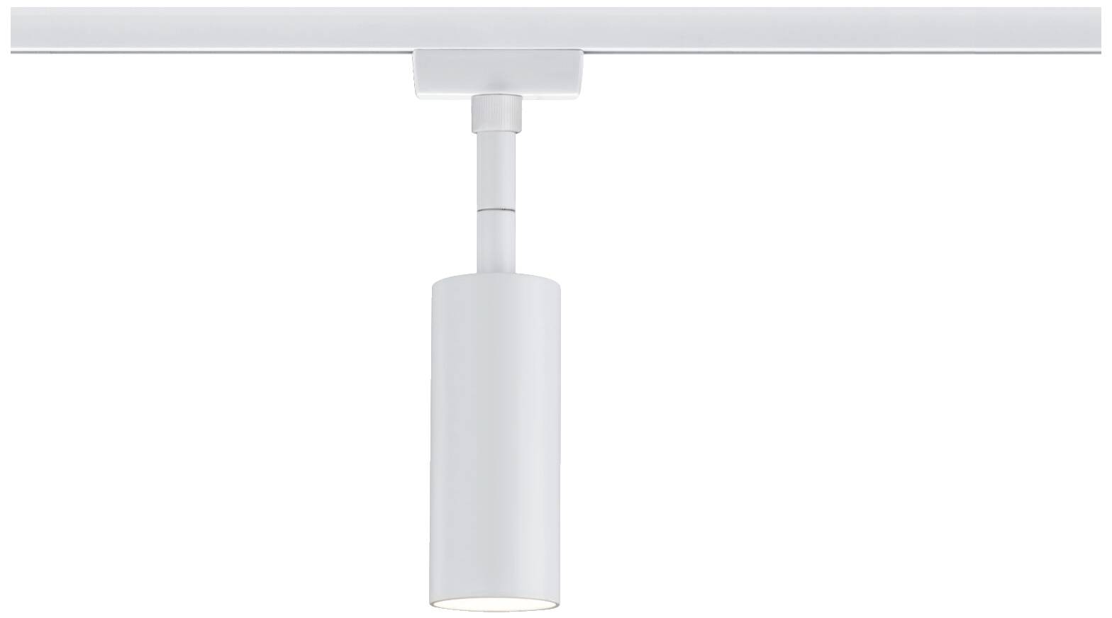 Biela koľajnicová lampa s valcovitou svietiacou hlavou, namontovaná na priamej koľajnici. Ideálna na cielenené osvetlenie.