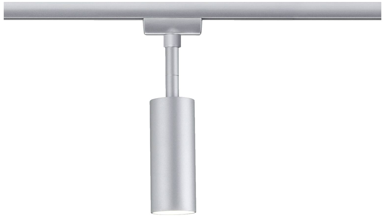 Strieborná valcovitá koľajnicová lampa upevnená na horizontálnej konzole. Moderný, minimalistický dizajn.