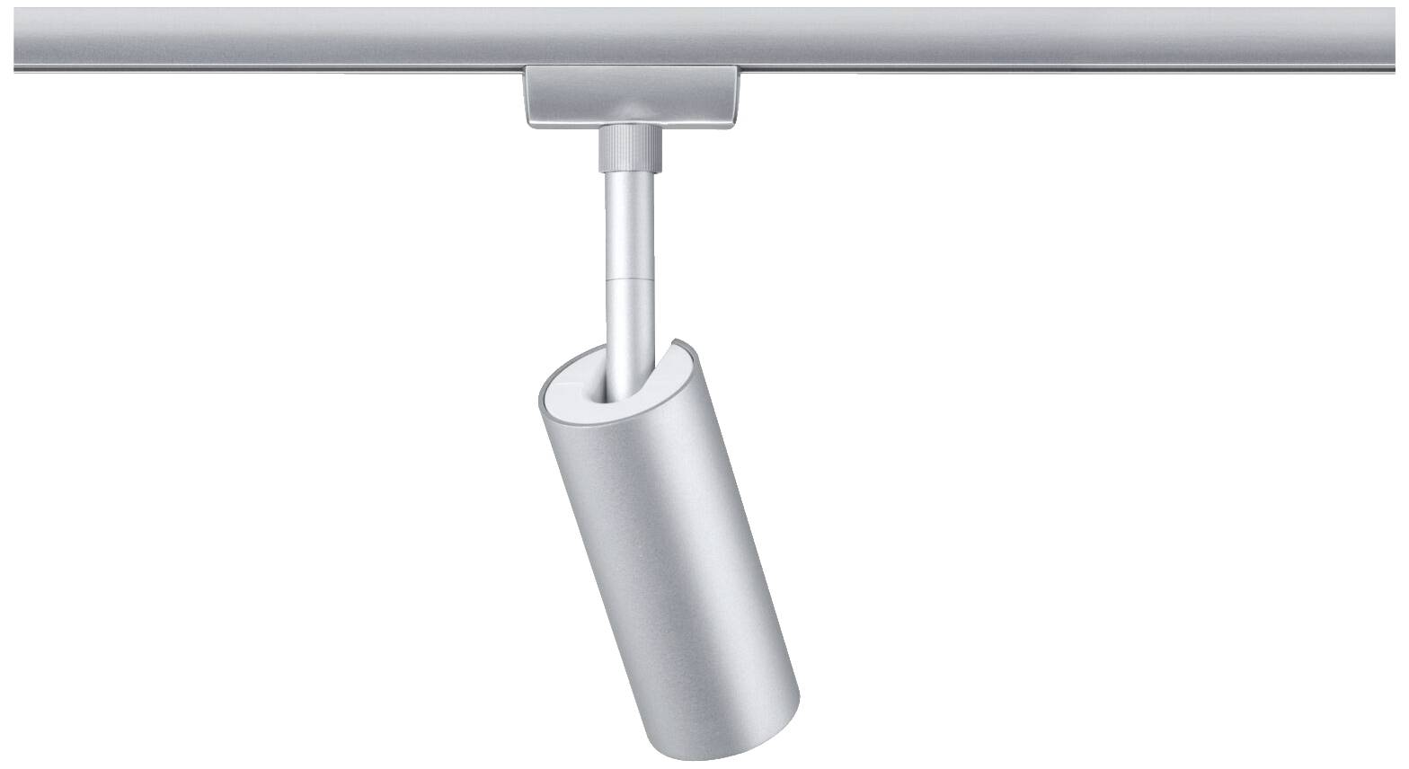 Strieborná, moderná koľajnicová lampa zobrazuje naklonené valcovité svetelné teleso upevnené na vodorovnej koľajnici.