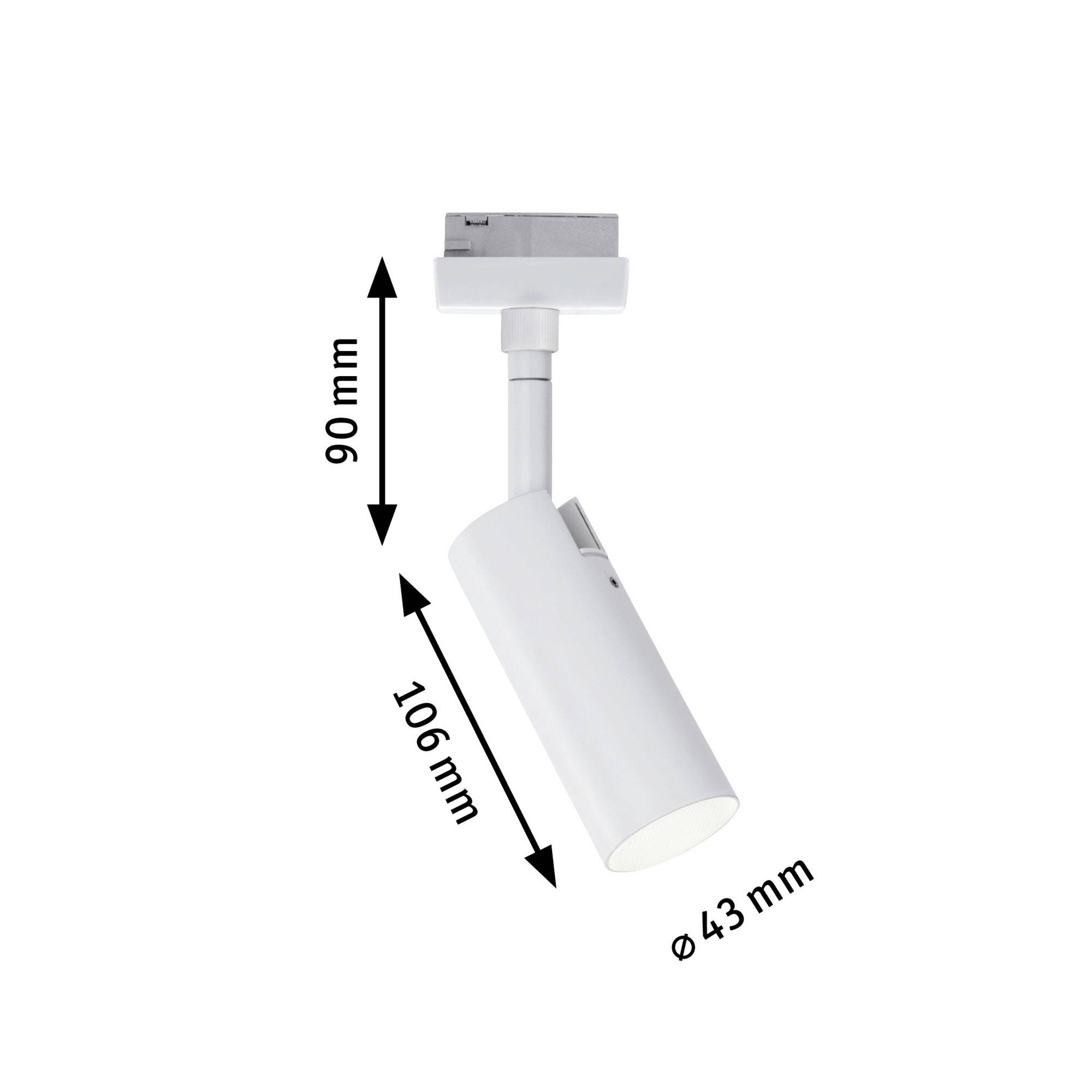 Biely cylindrický LED reflektor s rozmermi: priemer 43 mm, výška bez držiaka 106 mm, výška držiaka 90 mm.