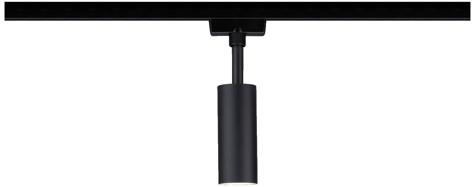 Čierna cylindrická stropná lampa je namontovaná na koľajnici.