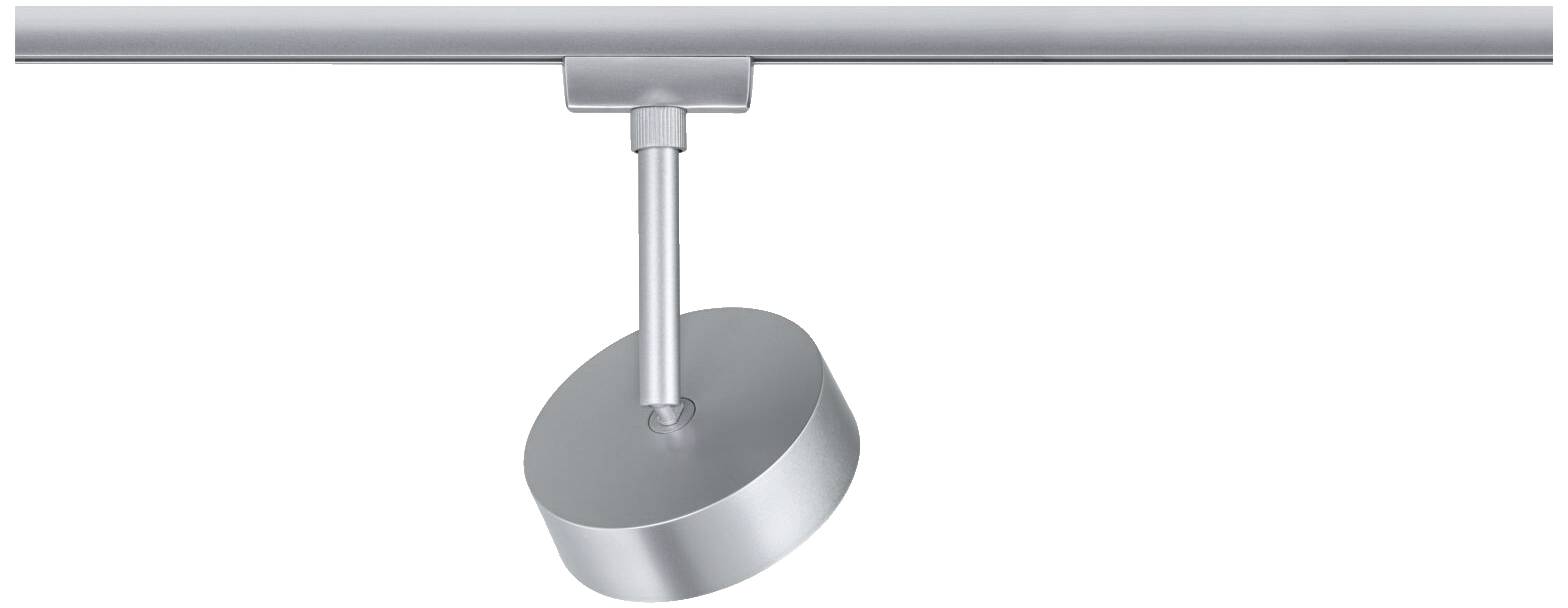 Strieborná lampa na nastaviteľnej koľajnicovej sústave, vhodná pre presné osvetlenie v moderných interiéroch.