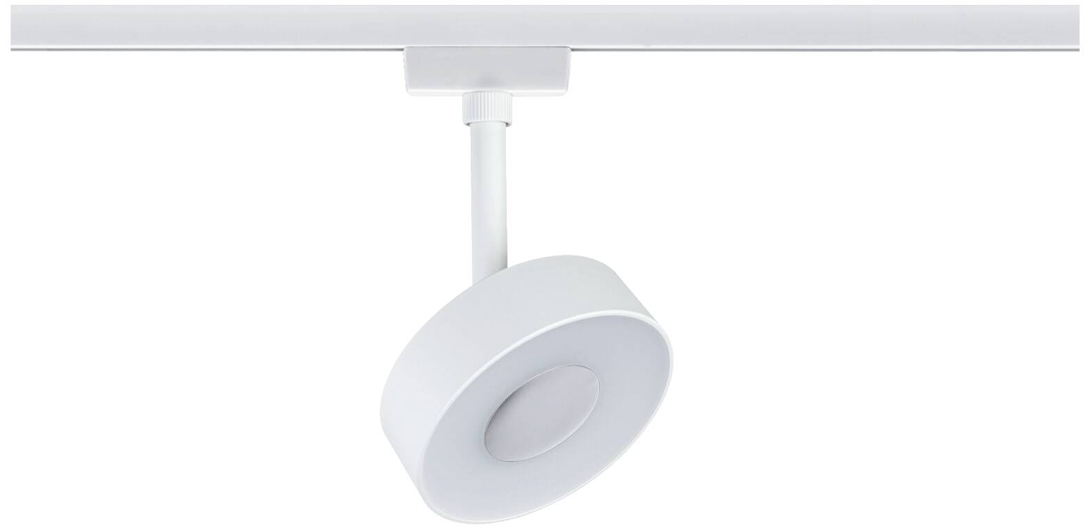 Biely, okrúhly stropný reflektor, namontovaný na tenkej kovovej lište, vhodný na cielenú vnútornú osvetľovaciu techniku.