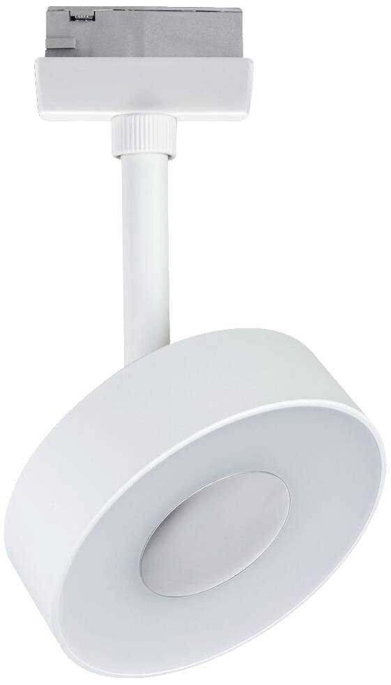 Biely LED stropný reflektor s okrúhlou hlavou a priamym ramenom, moderného a minimalistického dizajnu, namontovaný na obdĺžnikovom podstavci.