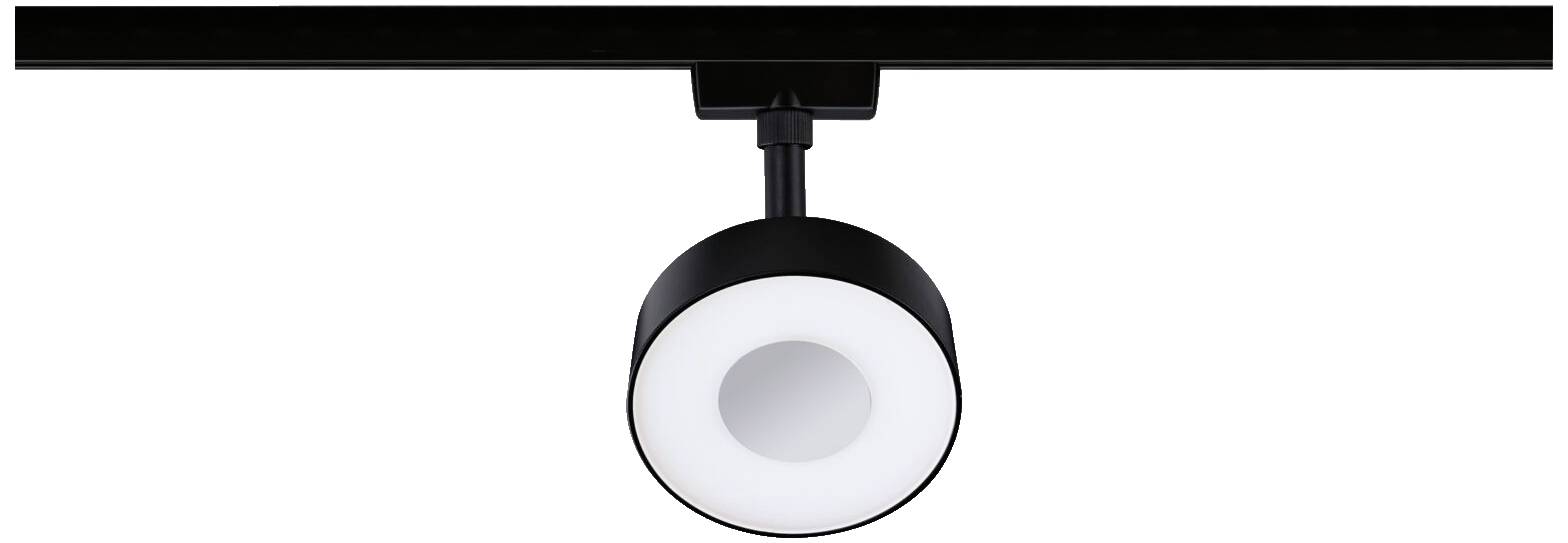 Čierna stropná lampa s okrúhlym, moderným dizajnom a jasným svetelným lúčom, namontovaná na koľajnici na strope.