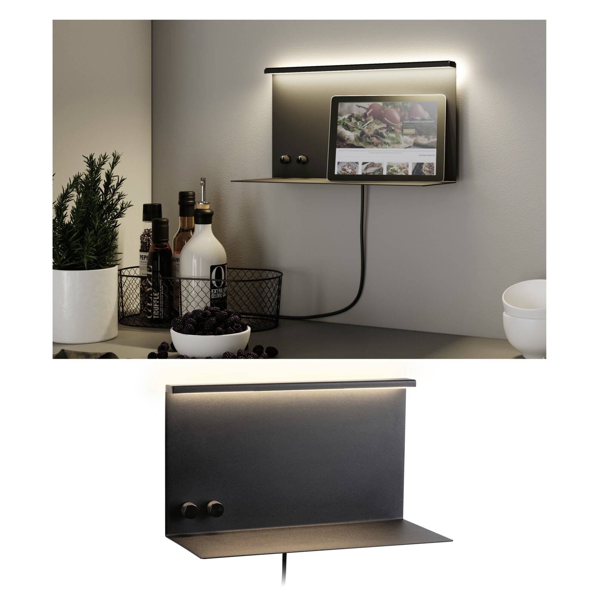 Kuchynský pult so sypanými korením, fľašami s olejom a modernou osvetlenou stenovou políčkou, ktorá drží tablet.