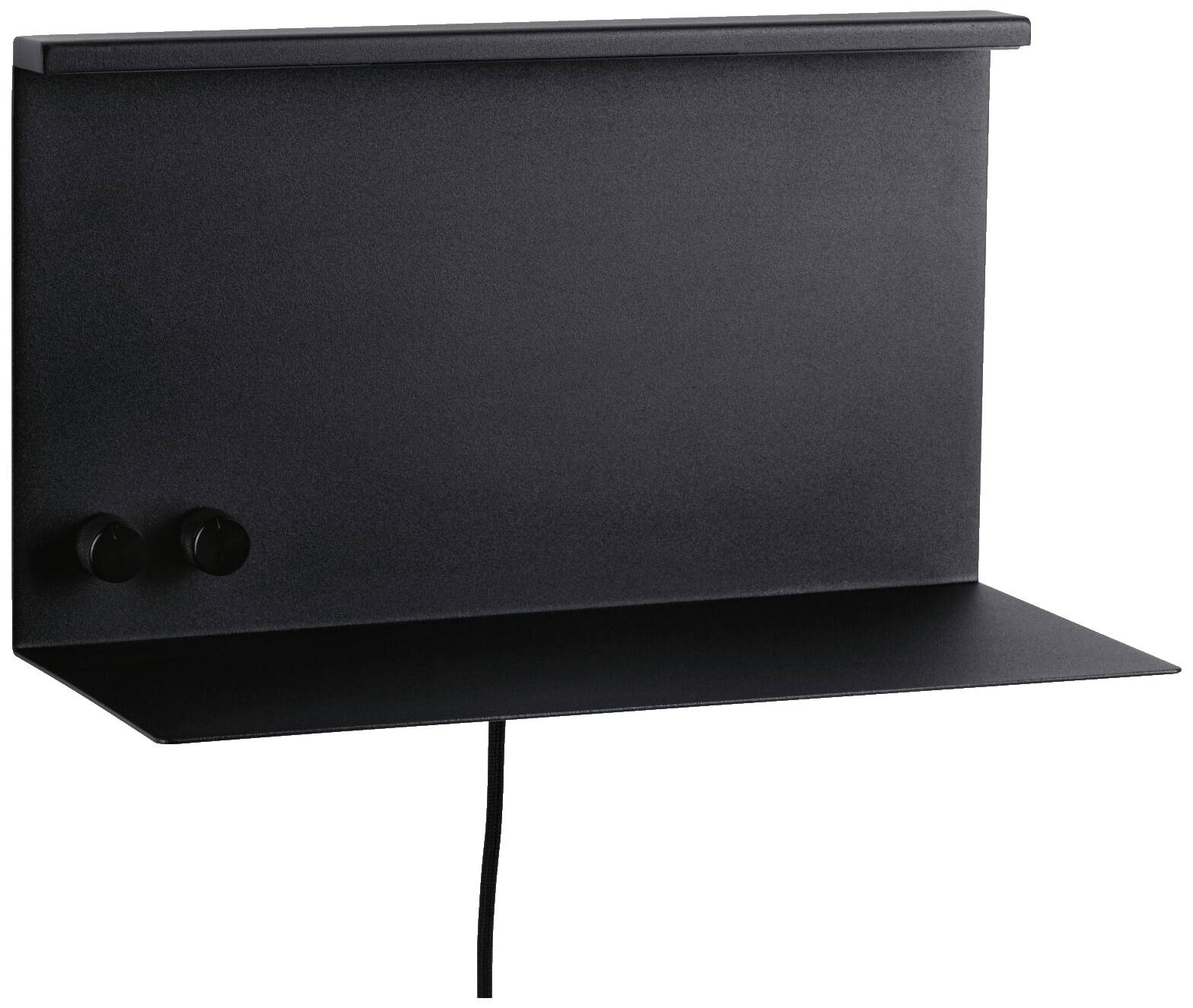 Čierna kovová polica s dvoma okrúhlymi háčikmi a integrovaným priestorom pre vedenie káblov. Minimalistický dizajn pre moderné priestory.