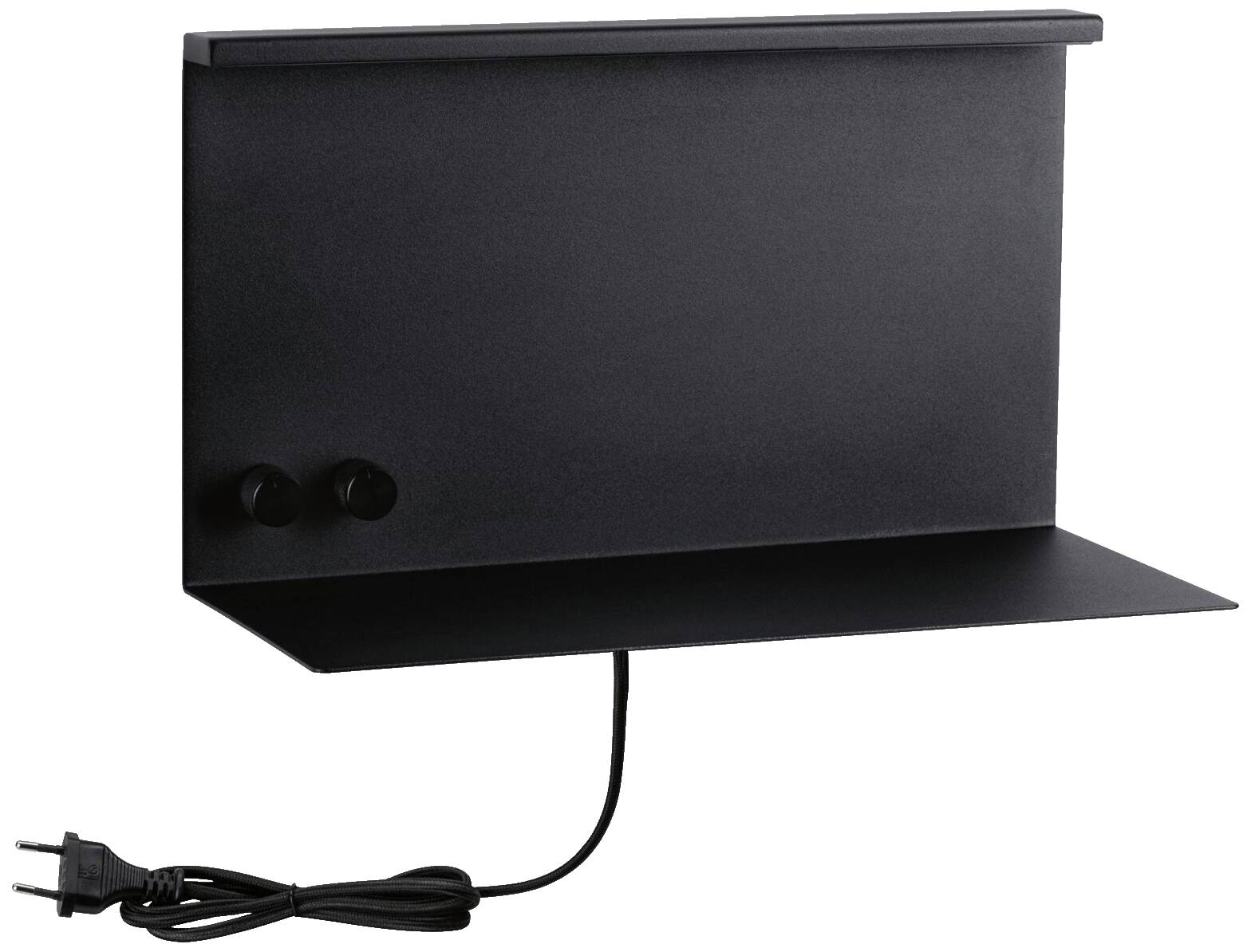 Čierna polička s dvomi háčikmi a káblom so zástrčkou, vhodná na zavesenie na stenu.