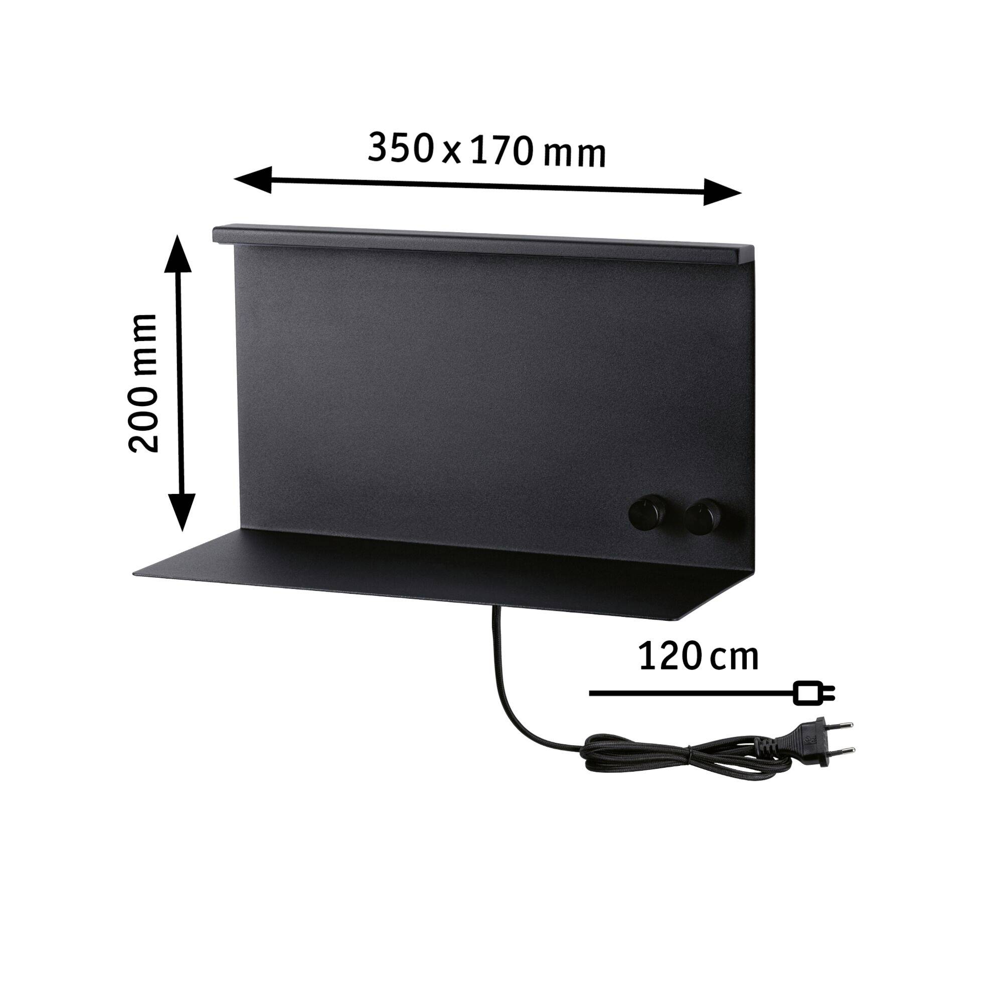 Čierna nástenná polica s rozmermi 350 x 170 mm, výška 200 mm, a káblom 120 cm. Dva okrúhle montážne otvory, napájací kábel je súčasťou.