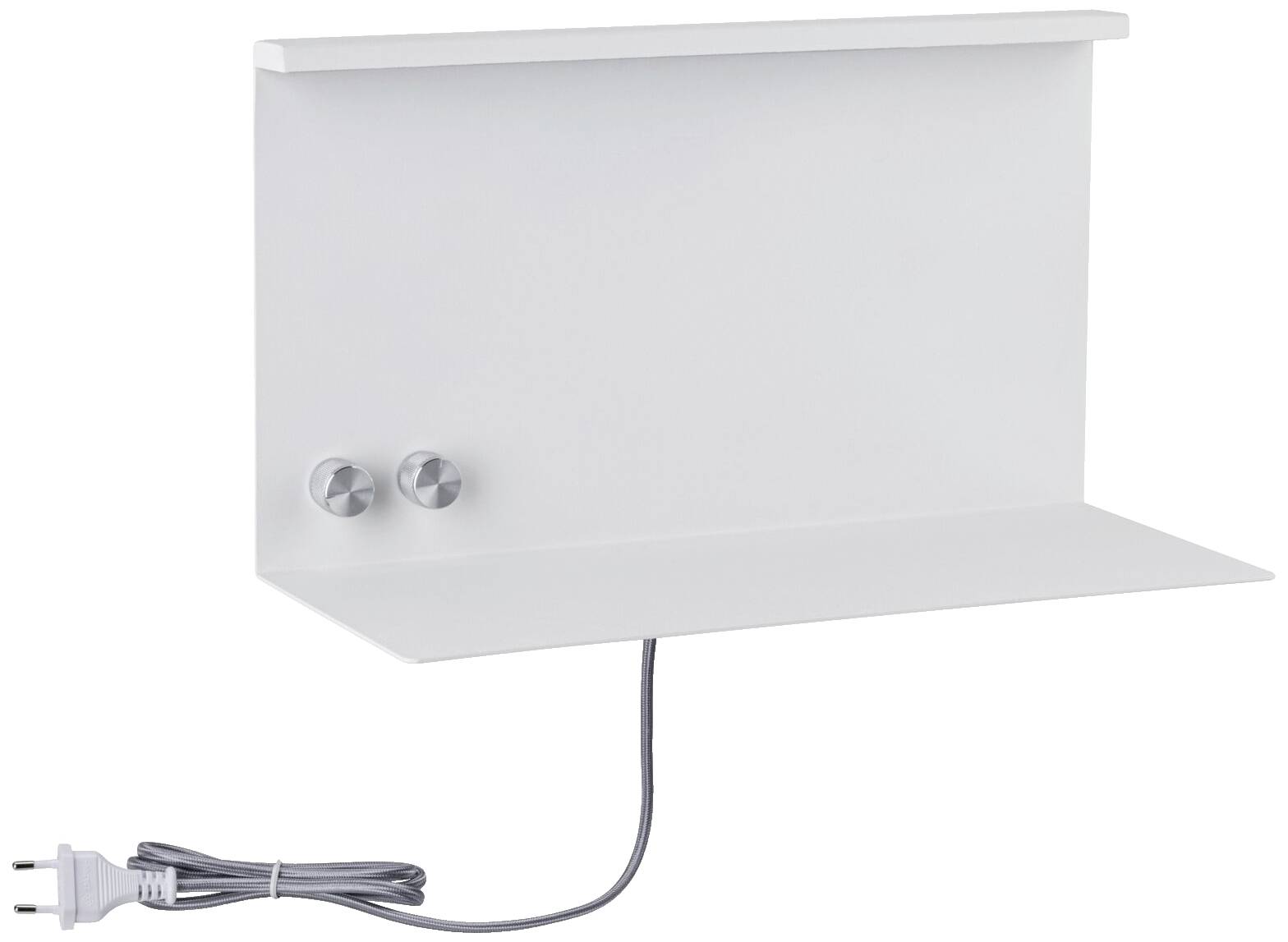 Biela, obdĺžniková, nástenná polička s dvoma striebornými otočnými gombíkmi a visiacim elektrickým káblom.