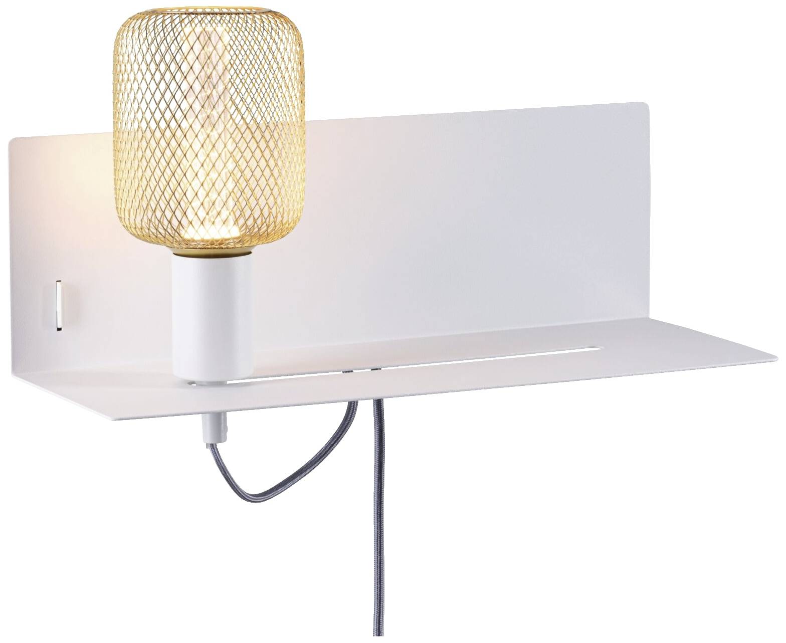 Biela nástenná lampa s obdĺžnikovou policou a sieťovaným tienidlom okolo žiarovky, v modernom štýle, s viditeľným kábelovým pripojením.