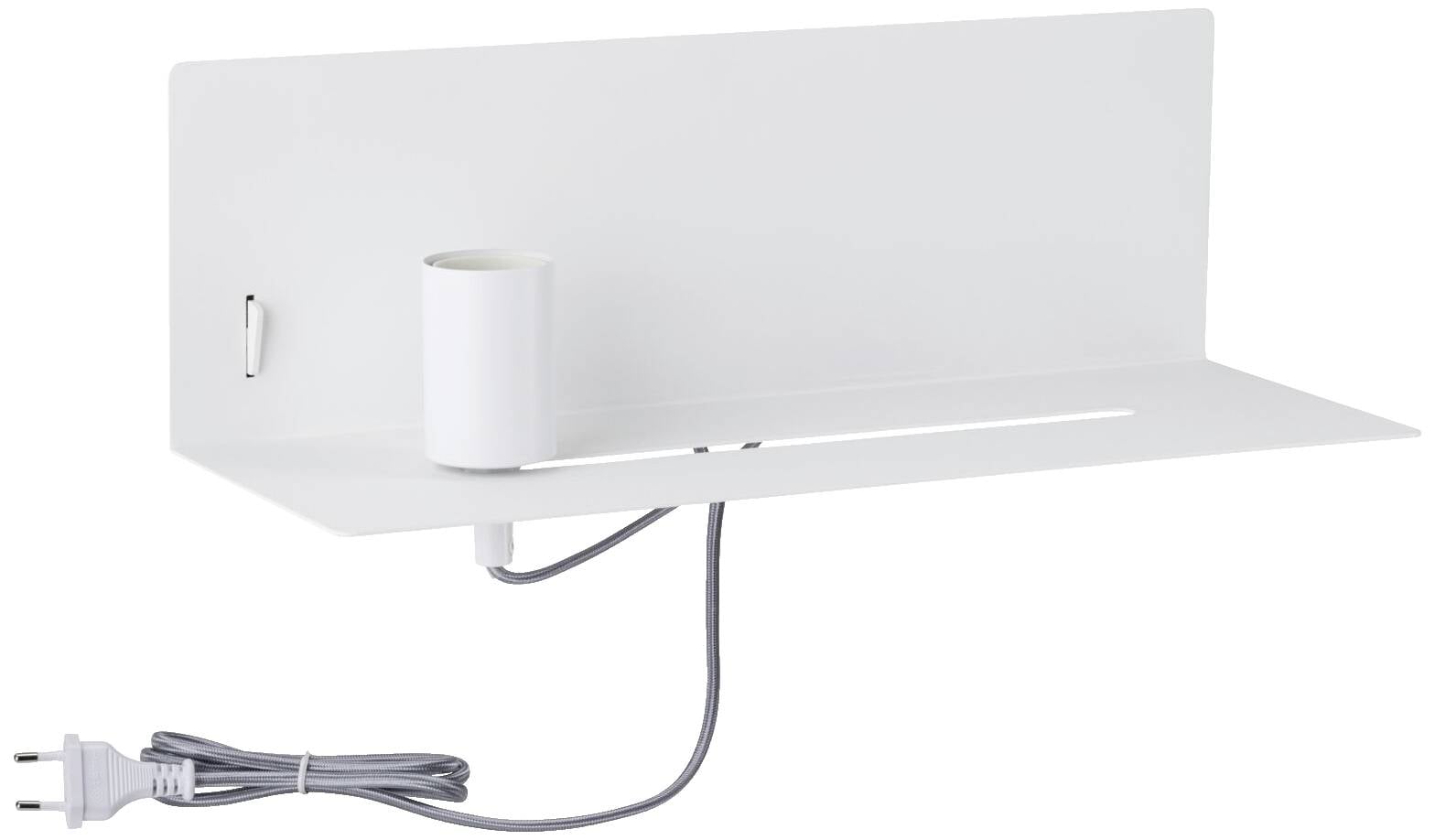 Biela nástenná lampa s odkladacou plochou, káblom a zástrčkou. Minimalistický dizajn, ideálny pre osvetlenie a uloženie drobných predmetov.