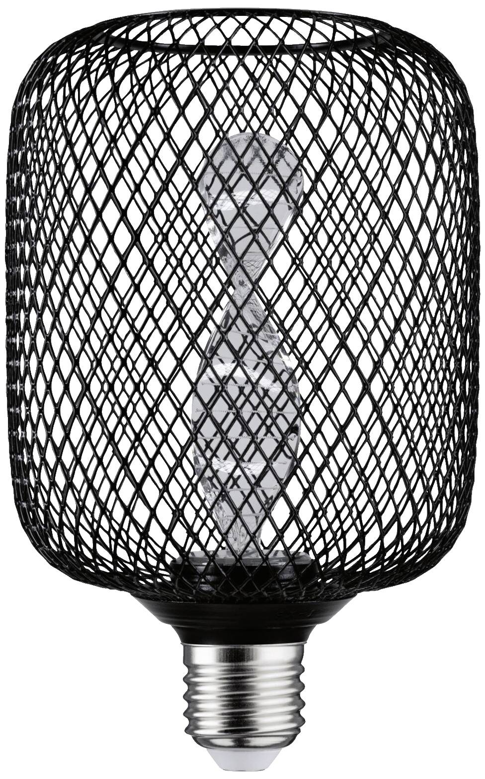 Čierna drôtená stolná lampa valcovitého tvaru s viditeľnou žiarovkou vo vnútri.