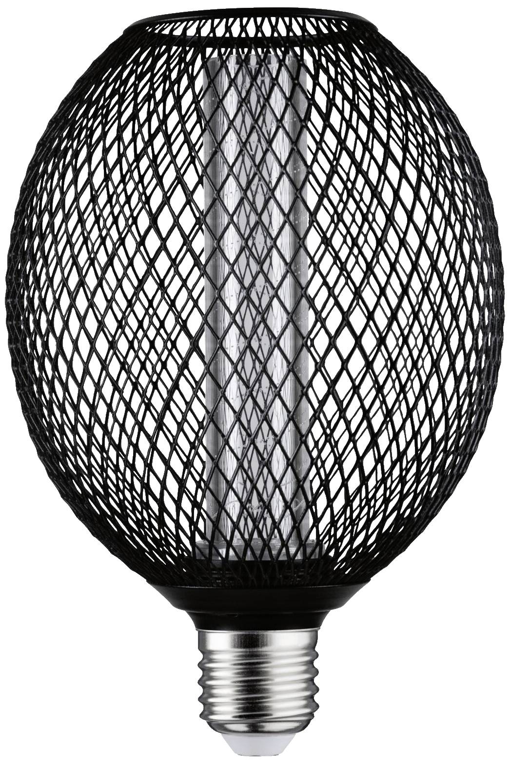 Čierna, oválna žiarovka so štrbinovou mriežkou so sockľom E27 ukazuje moderný dizajn a transparentnosť.