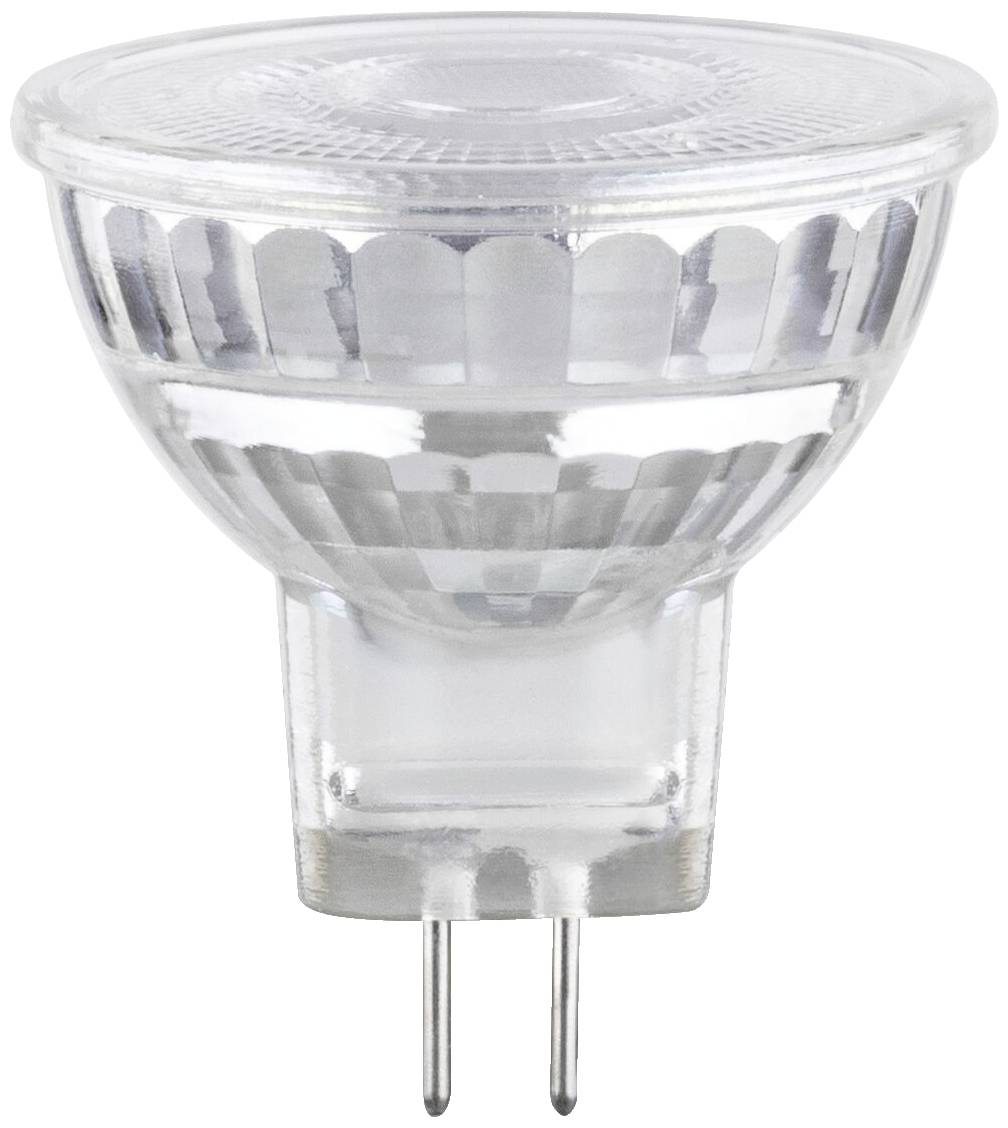 Jasná LED žiarovka v tvare MR16 s päticou GU5.3, typická pre bodové osvetlenie, na bielom pozadí.
