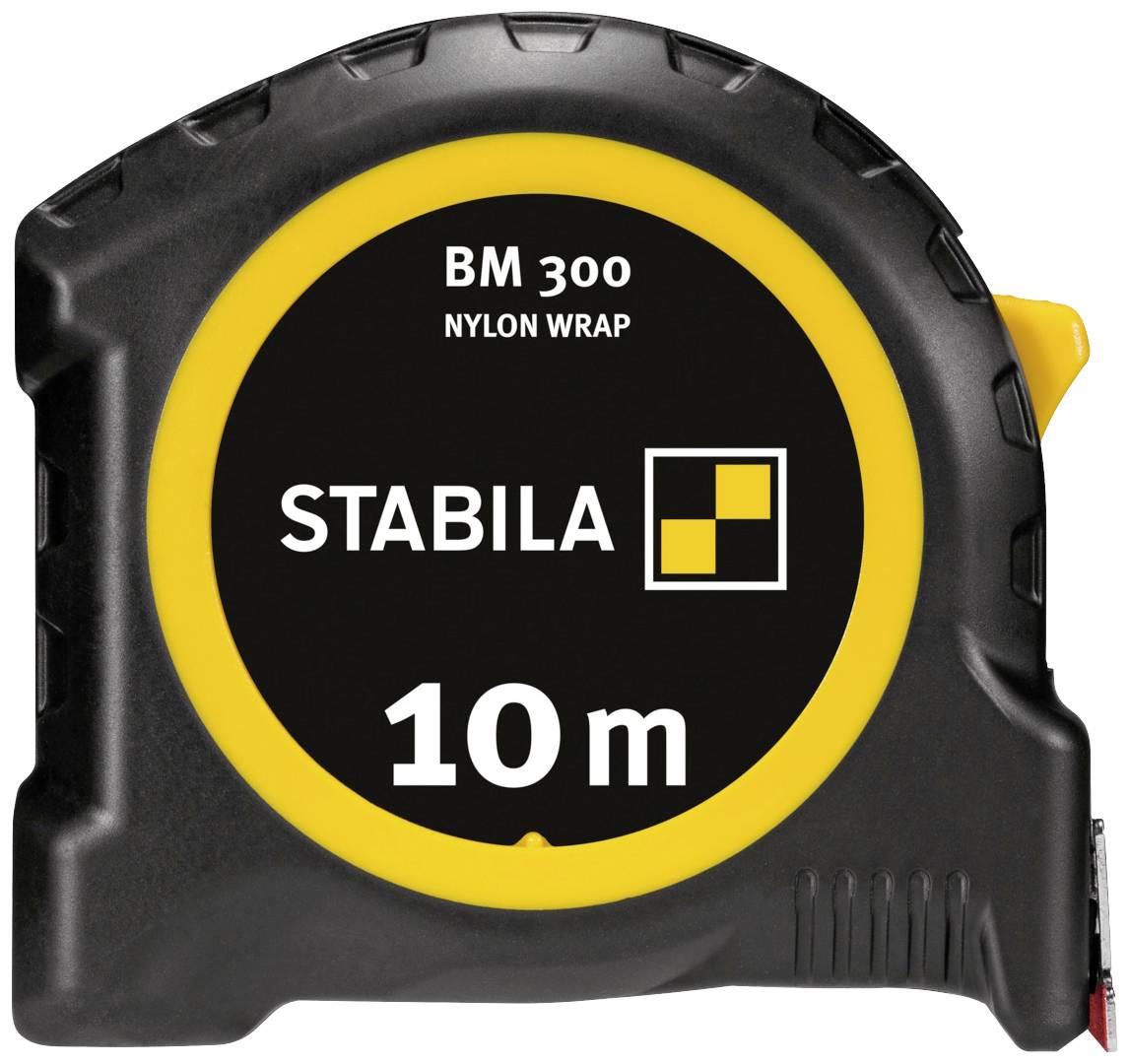 Čierno-žltý meter 'STABILA BM 300', dĺžka 10 m, s nylonový povrchom.