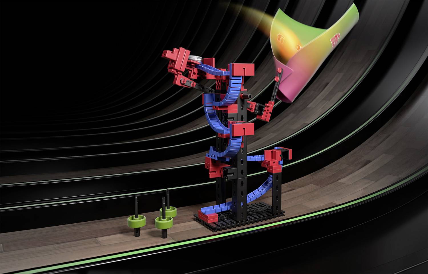 Farebné rameno robota interaguje s digitálnou 3D grafikou v futuristickom priestore; symbolizuje technologické inovácie.