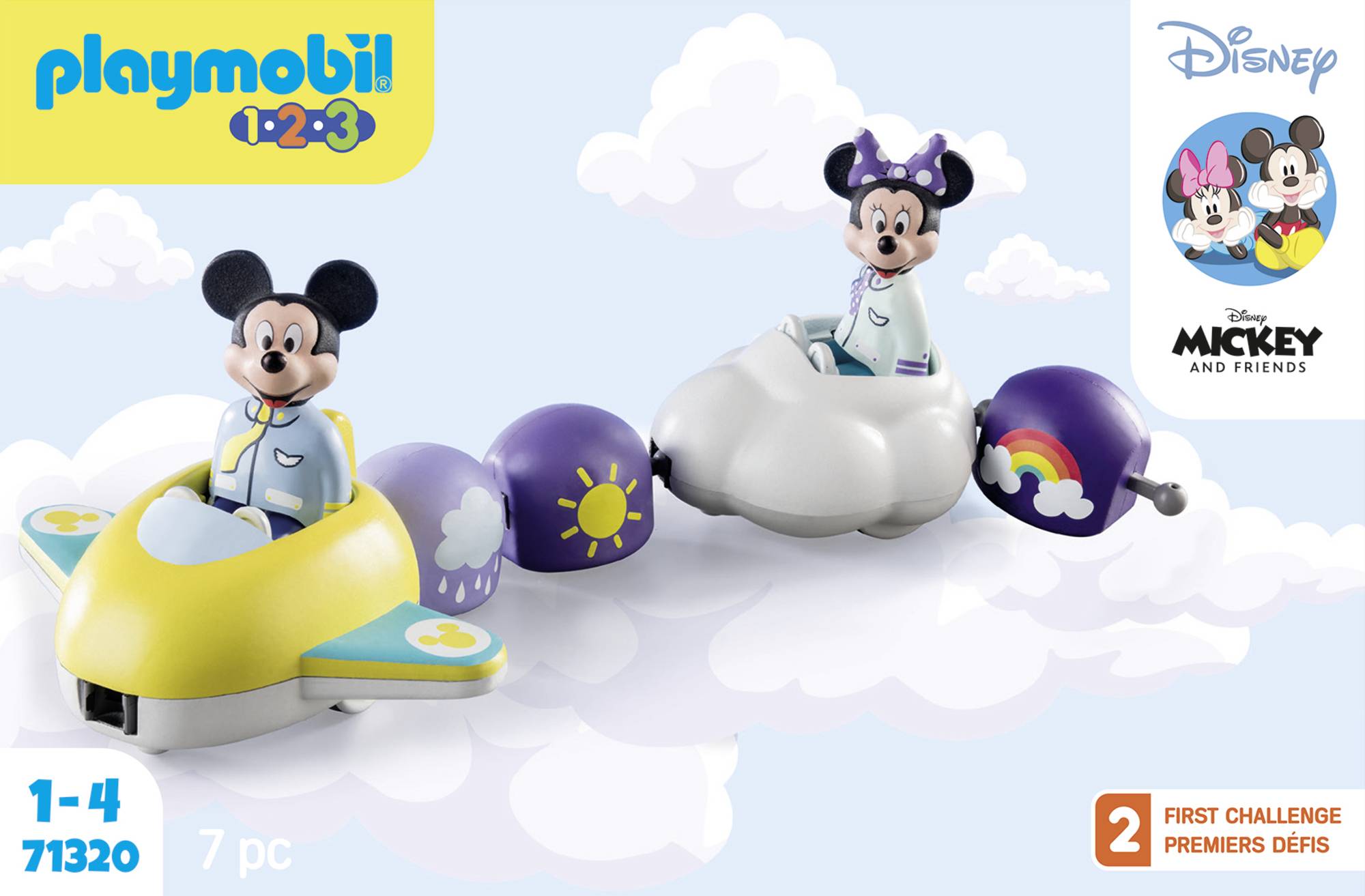 Playmobil 1.2.3 Mickey-Set s dvoma Mickey figúrkami v lietajúcich autách, obklopených mrakmi. Text na obale v angličtine. Vhodné pre deti vo veku 1-4 rokov.
