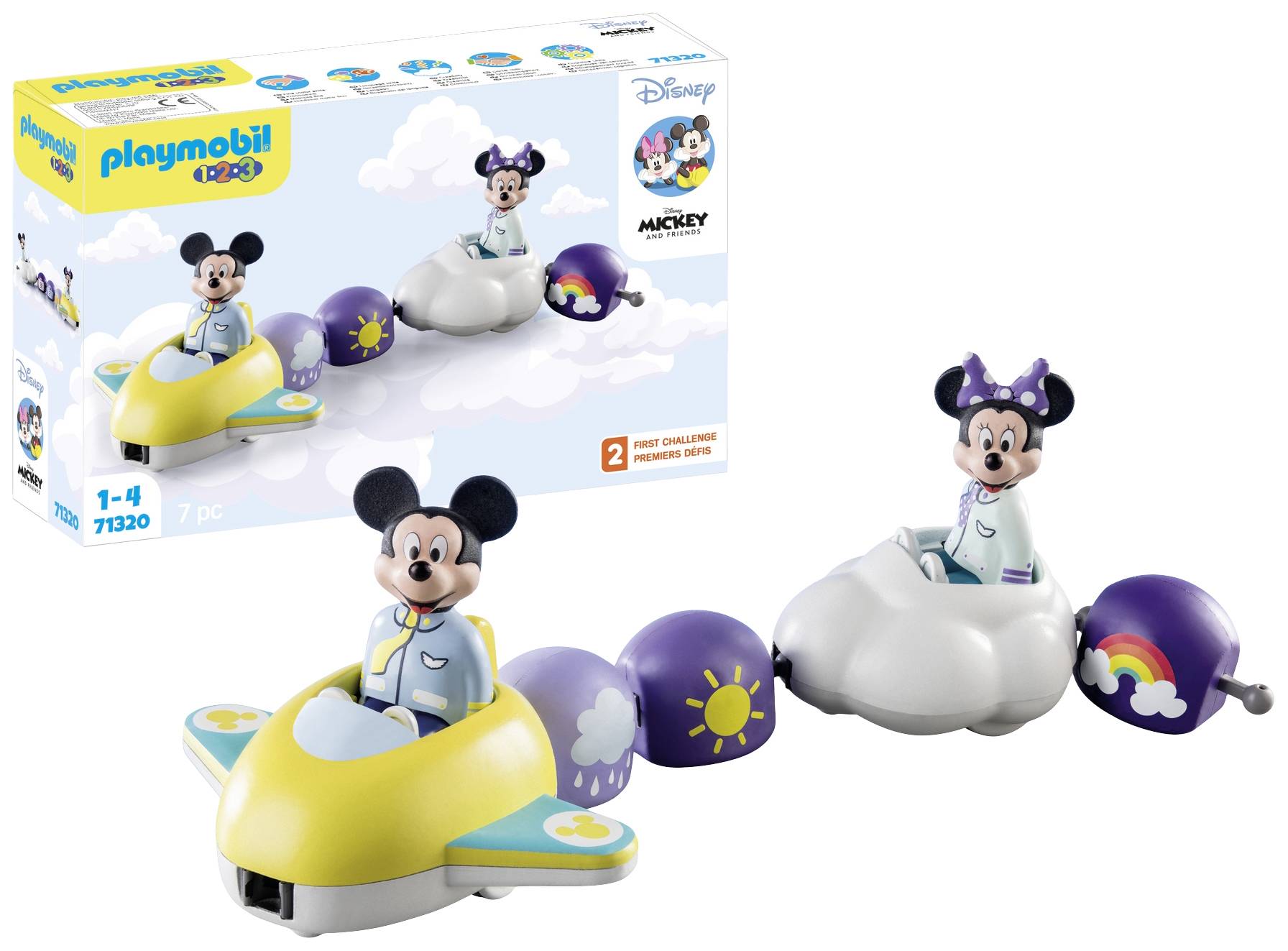 Hračkárska sada: Dve figúrky Mickeho a Minnie Mouse v pestrofarebných lietadlách, s detailmi ako oblaky a dúha. Balenie v pozadí.