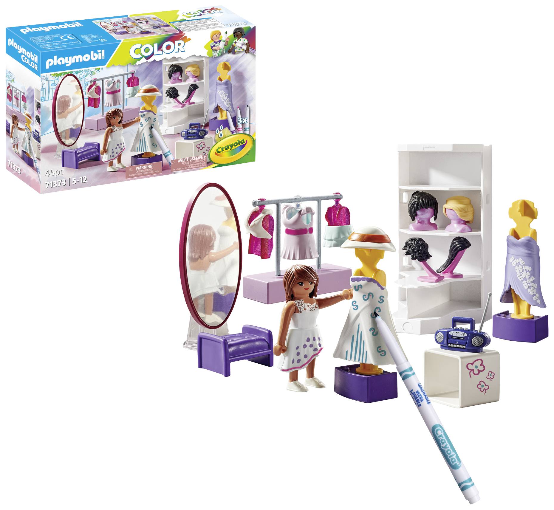 Playmobil herná sada: Dve figúrky v módnom obchode so zrkadlom, oblečením a farebnými fixkami. Obal zobrazuje rozloženú hernú situáciu.