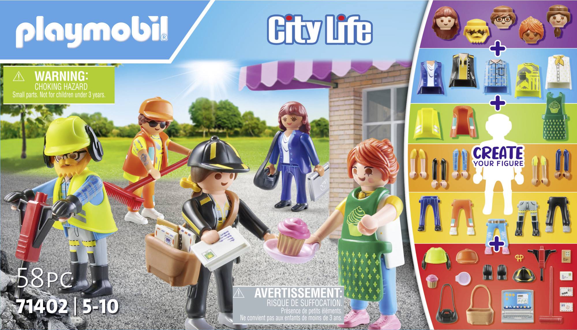 Súprava 'Playmobil City Life' s figúrkami a príslušenstvom; zobrazené rôzne možnosti oblečenia a nástrojov. Odporúčané pre deti vo veku 5-10 rokov.