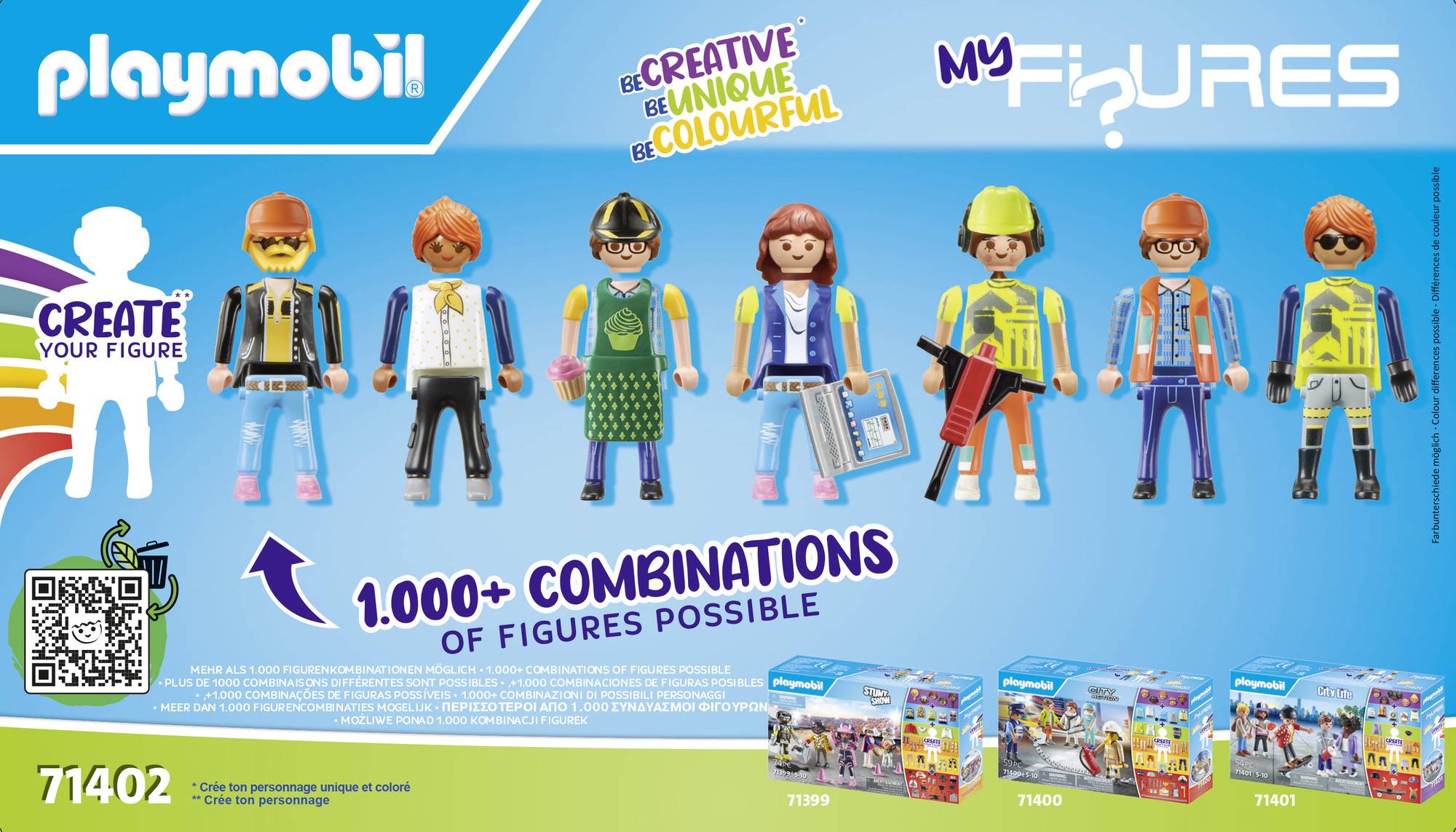 Figúrky Playmobil znázornené v rôznych povolaniach. Text zdôrazňuje viac ako 1.000 kombinačných možností.