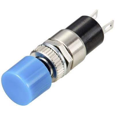 Modrý tlačný gombík s kovovým krytom a dvoma pripojovacími svorkami, vhodný pre elektronické obvody alebo zariadenia.