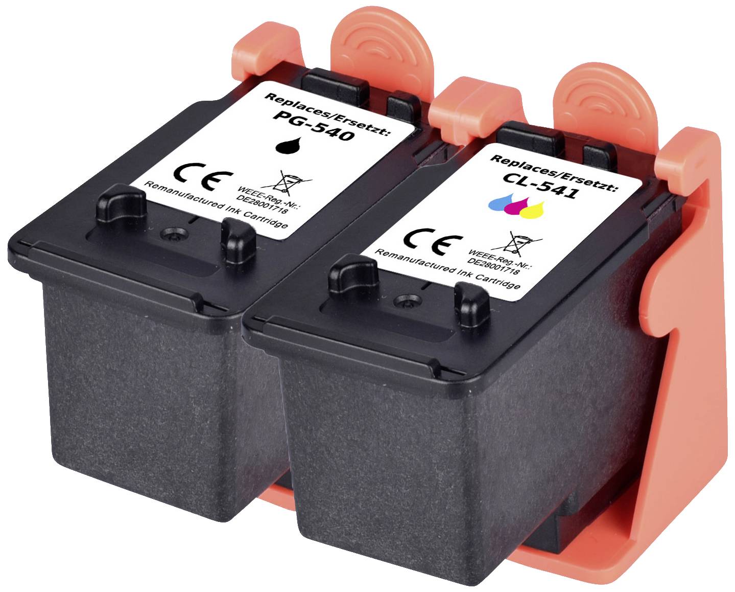 Dva čierne atramentové cartridge s potlačou 'Nahrádza PG-540' a 'Nahrádza CL-541', umiestnené v červenom držiaku, vhodné pre tlačiarne Canon.