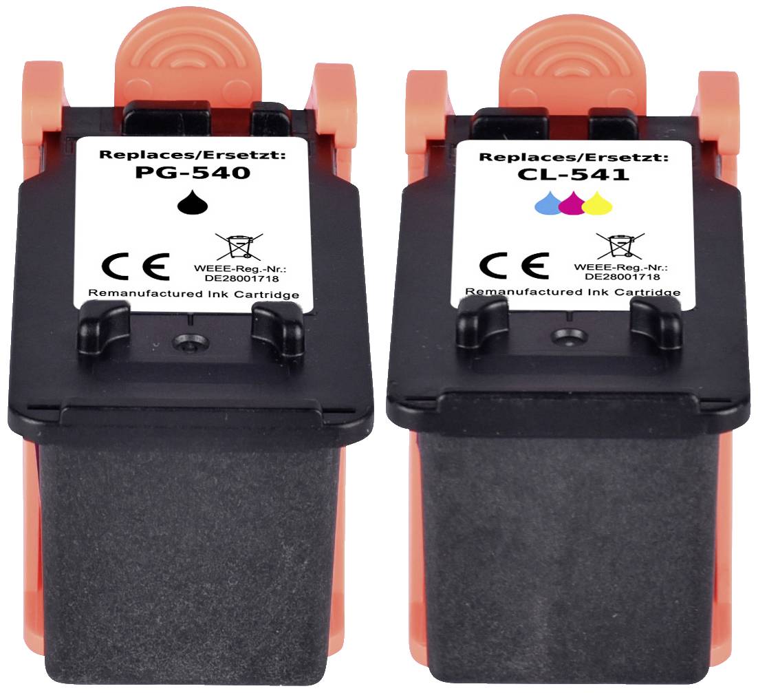 Dve atramentové kazety, 'PG-540' a 'CL-541', s označením CE a symbolmi recyklácie, vhodné ako náhradné kazety.