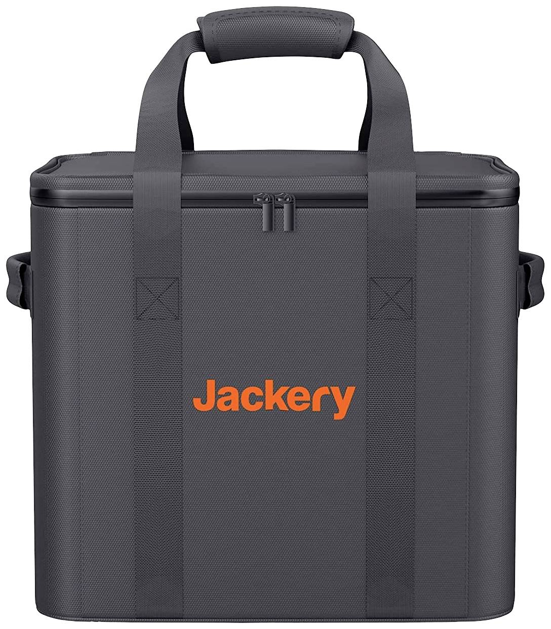 Šedá taška s čiernou rukoväťou, na ktorej je oranžovým písmom napísané 'Jackery'. Vhodná na prenášanie elektroniky alebo príslušenstva.