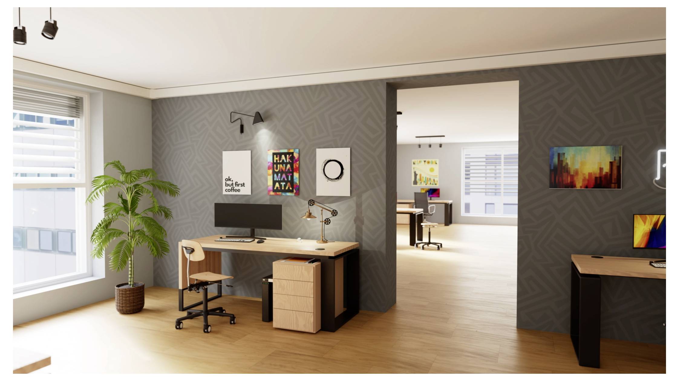 Moderná kancelária so stolmi, počítačmi, nástenným umením a izbovou rastlinou. Jasné prirodzené svetlo z veľkých okien osvecuje pracovný priestor.