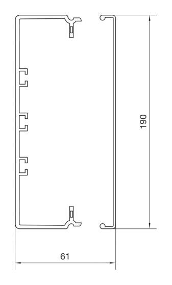 Priečny rez hliníkového profilu obdĺžnikového tvaru s rozmermi: šírka 61 mm, výška 190 mm. Vľavo sú viditeľné úchyty.
