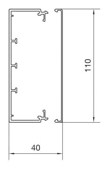 Technický výkres obdĺžnikového profilu s rozmermi: šírka 40 mm, výška 110 mm. Viditeľná detailná vnútorná štruktúra.